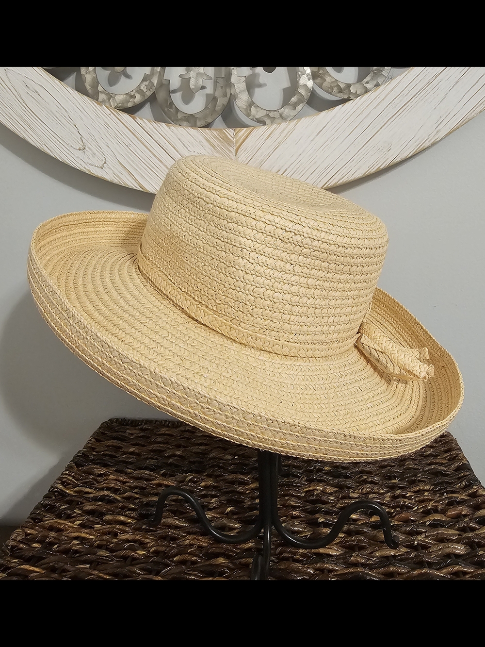 Neutral Straw Boater Hat with Wide Brim - Natural